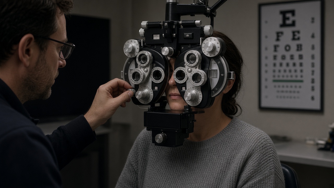 An optometrist adjusting a phoropter during an eye exam