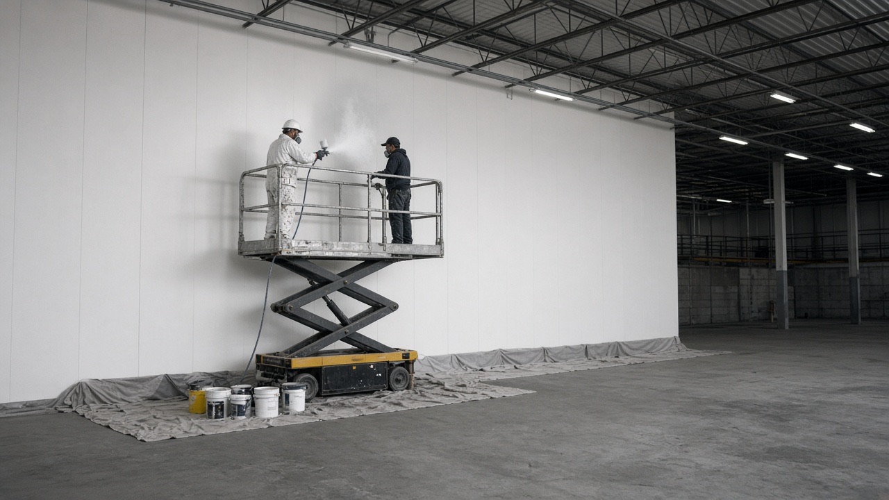 Commercial painters on a scissor lift inside an empty warehouse