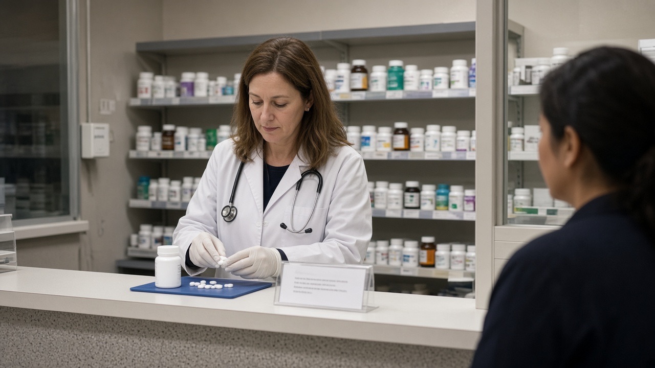 A pharmacist counting pills behind a pickup counter