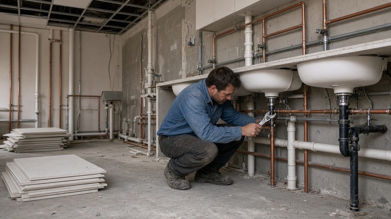 A plumber working on exposed pipes in an unfinished commercial restroom