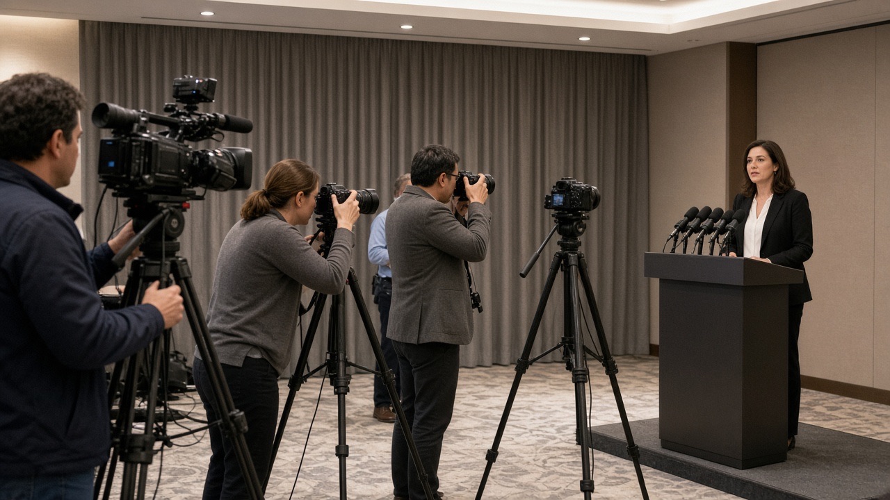 Photographers and a spokesperson at a press-event podium