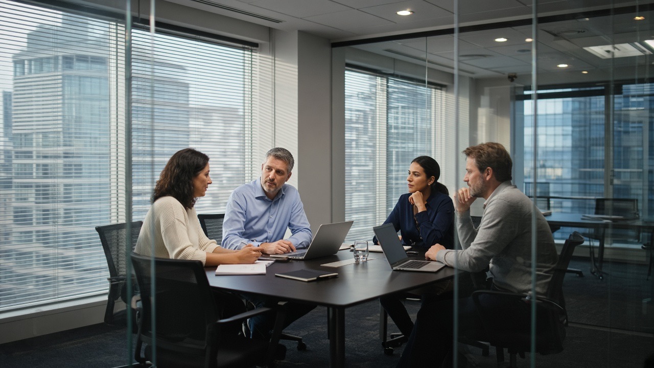 A professional-services team meeting in a glass conference room