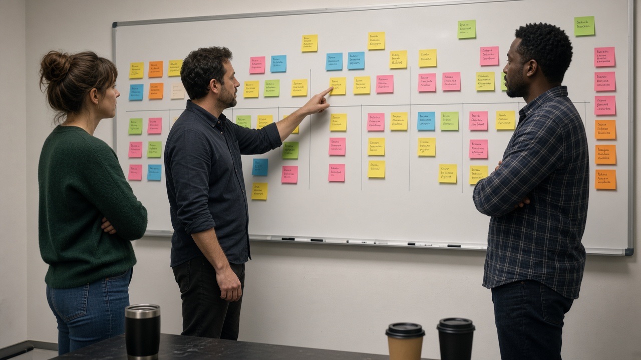 A project team at a whiteboard covered in sticky notes