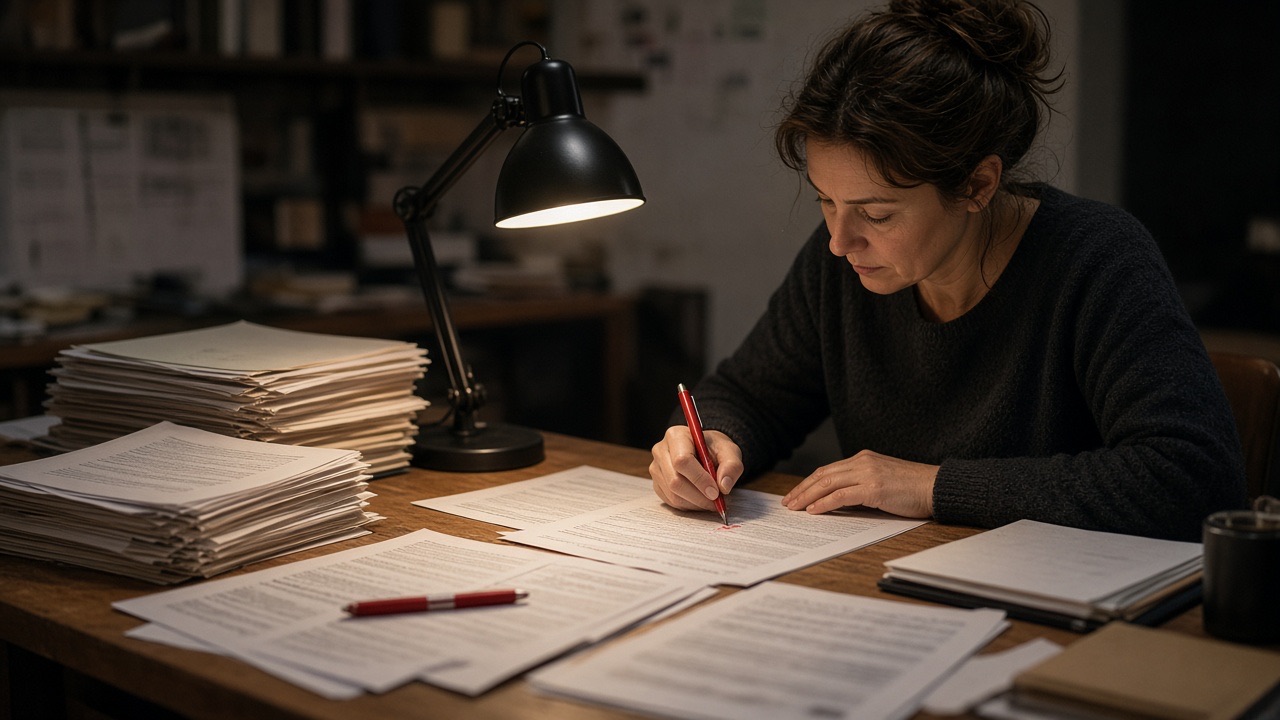 An editor marking page proofs at a cluttered desk