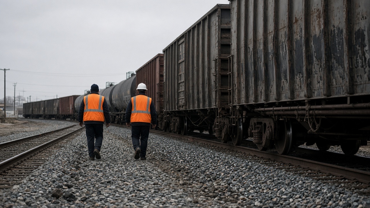 Railroad workers walking beside freight cars in a rail yard