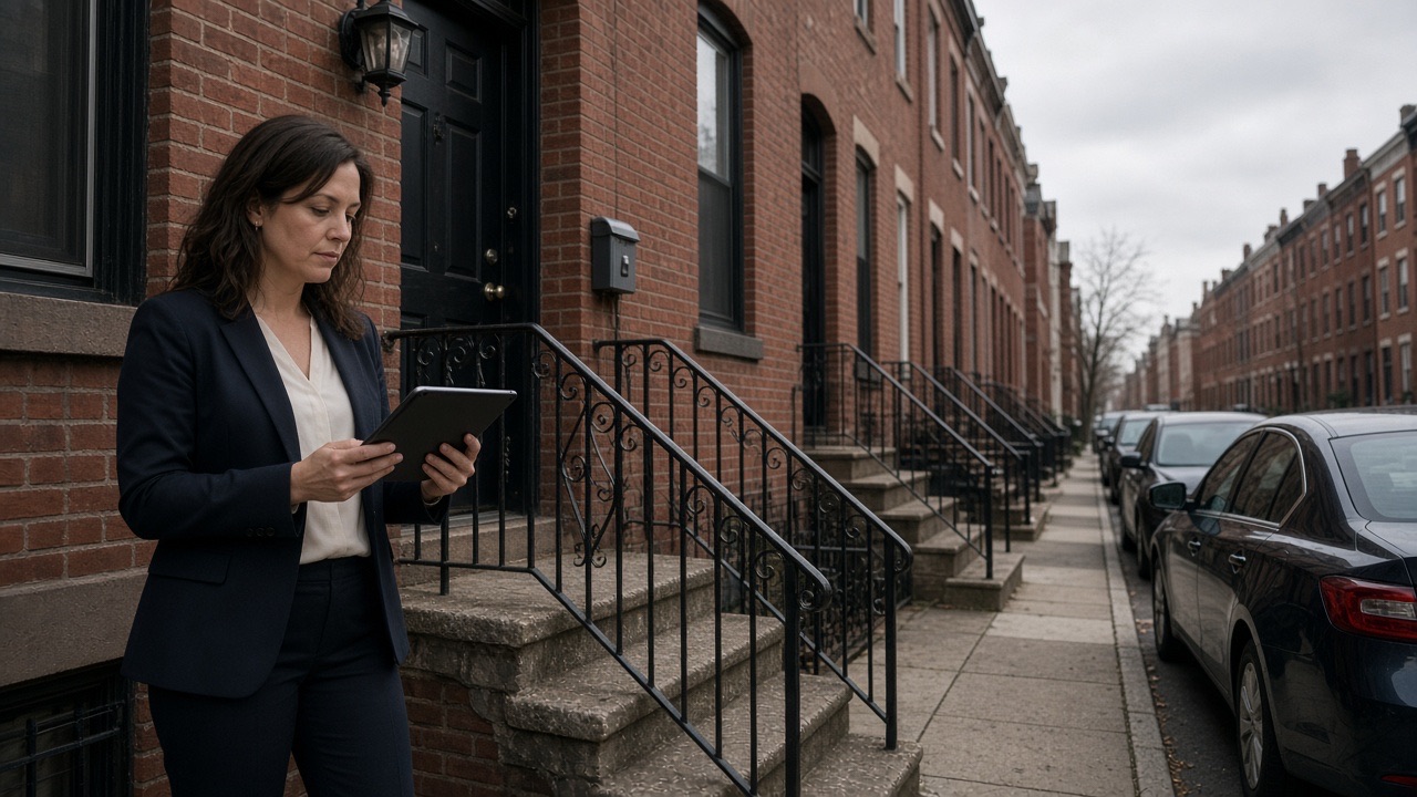A real estate agent at a brick townhouse stoop with a lockbox