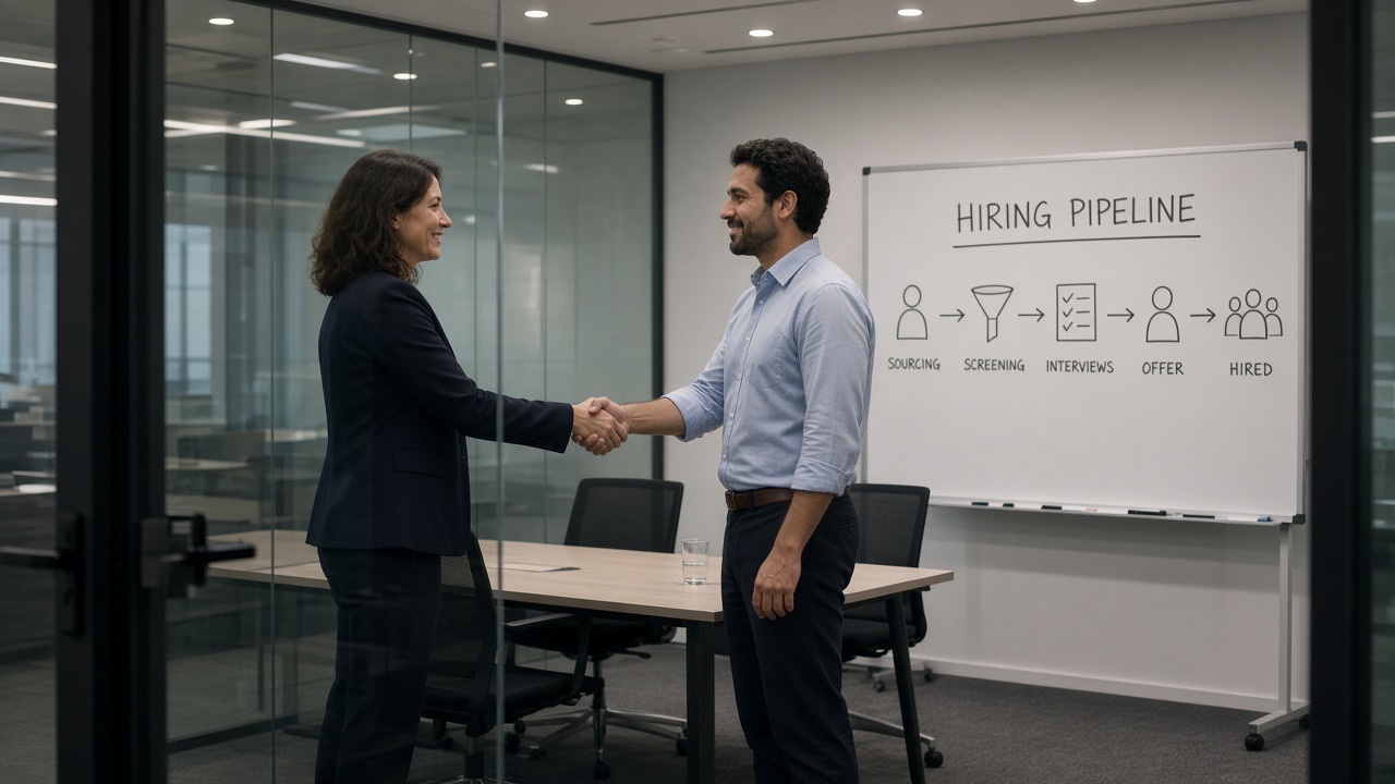 A recruiter and candidate shaking hands after an interview