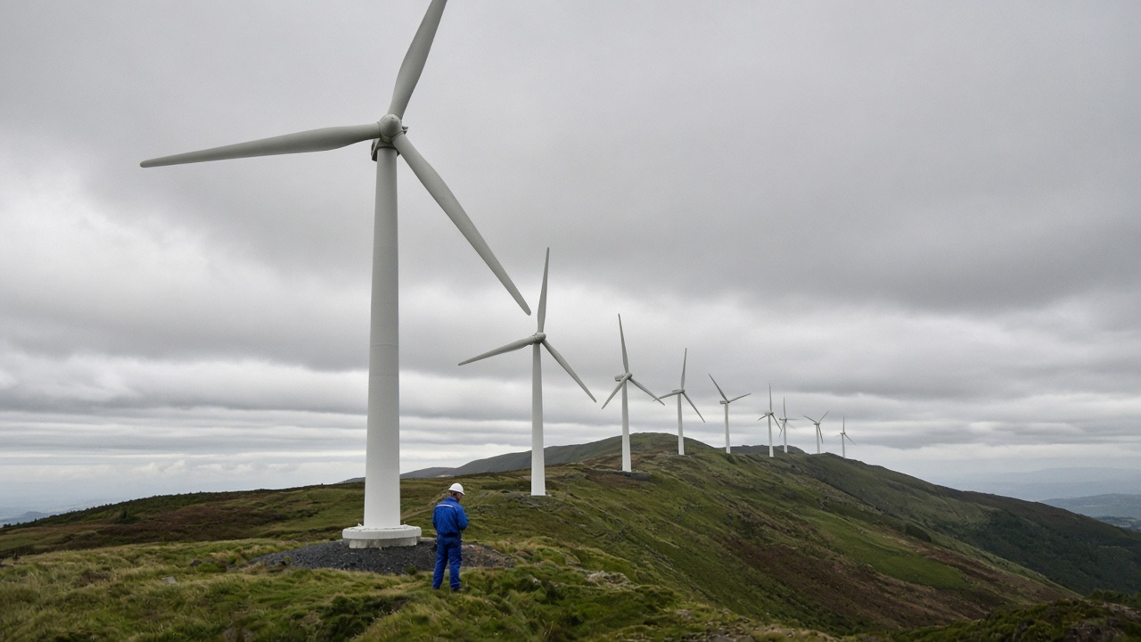 A technician at the base of a wind turbine on a ridge