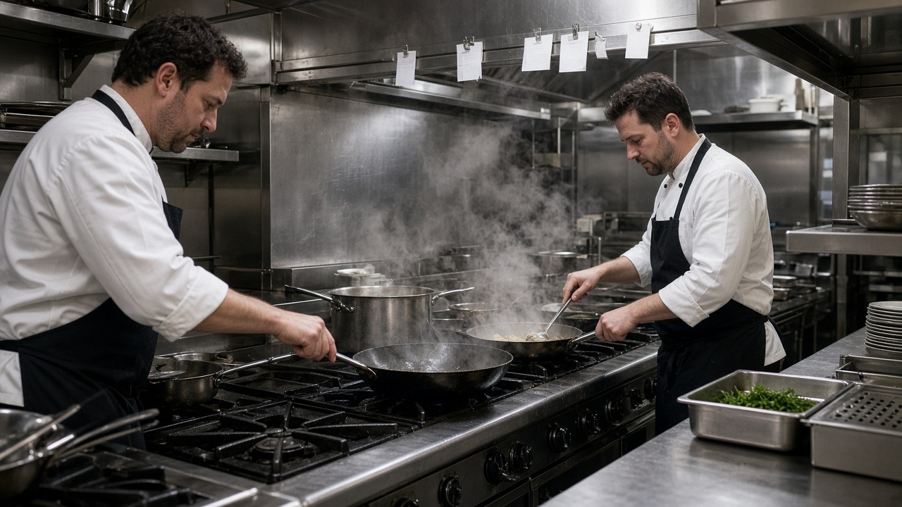 Cooks working a stainless-steel restaurant line