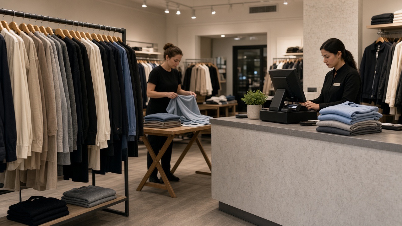 A retail associate folding clothes beside a store checkout