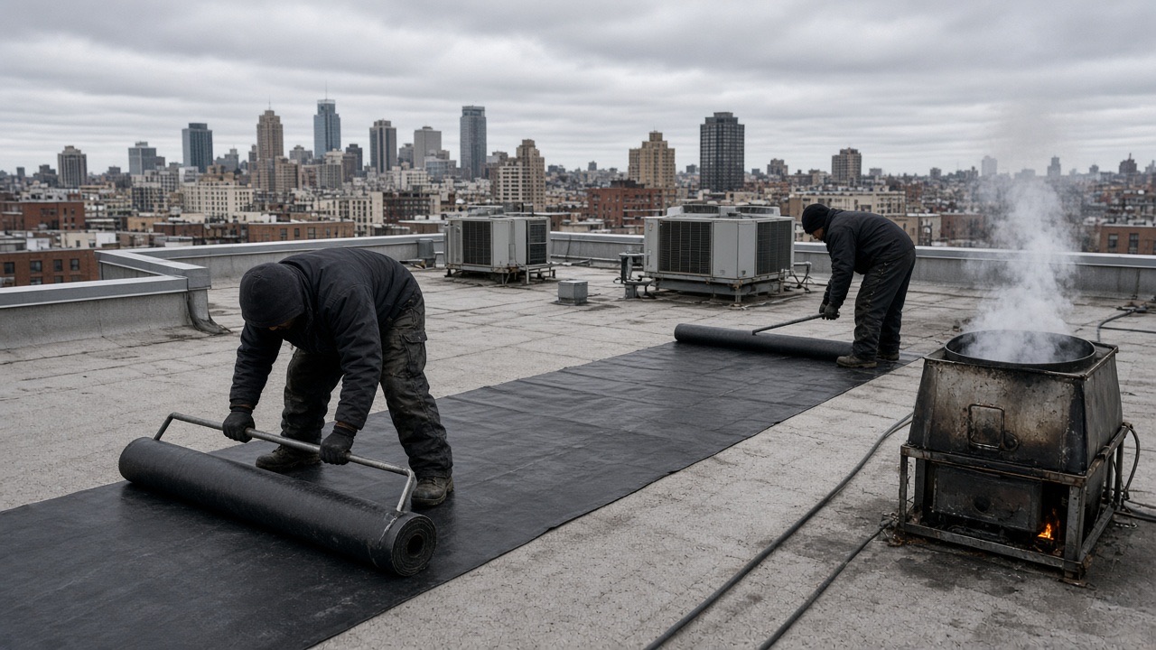Roofers rolling membrane on a commercial flat roof