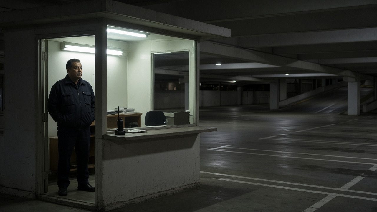 A security guard standing in a parking-garage booth at night