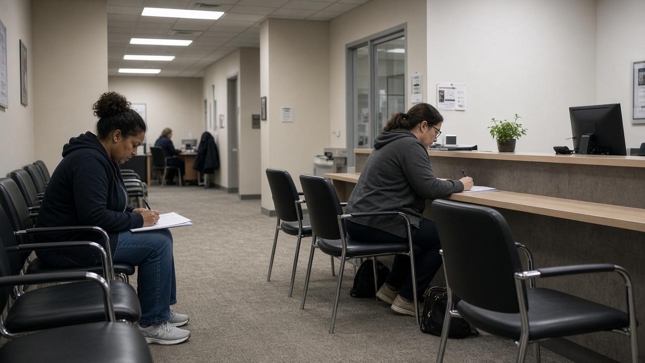 Job seekers waiting in a staffing agency office