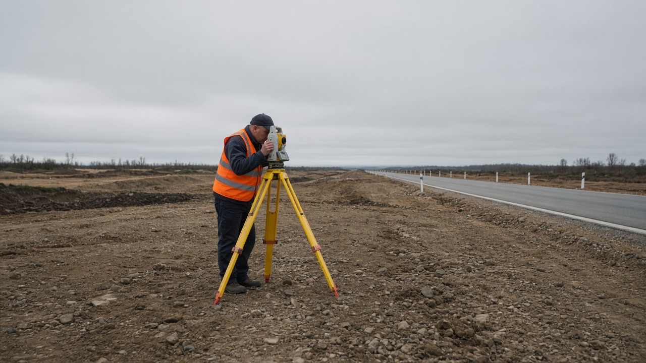A surveyor looking through a total station on a dirt lot