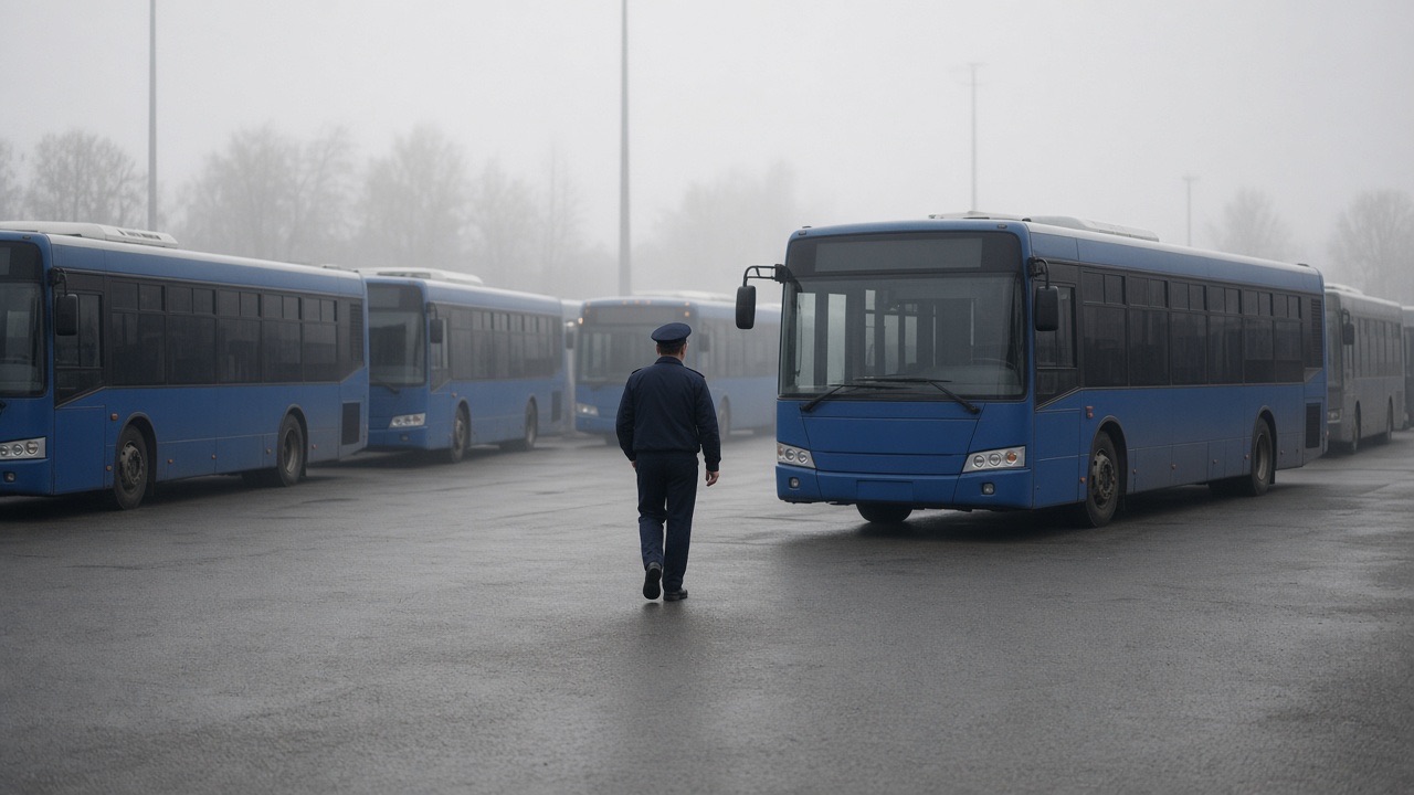 A bus driver walking between city buses in a depot