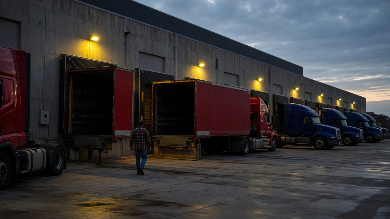 Semi trucks at a warehouse loading dock at dusk