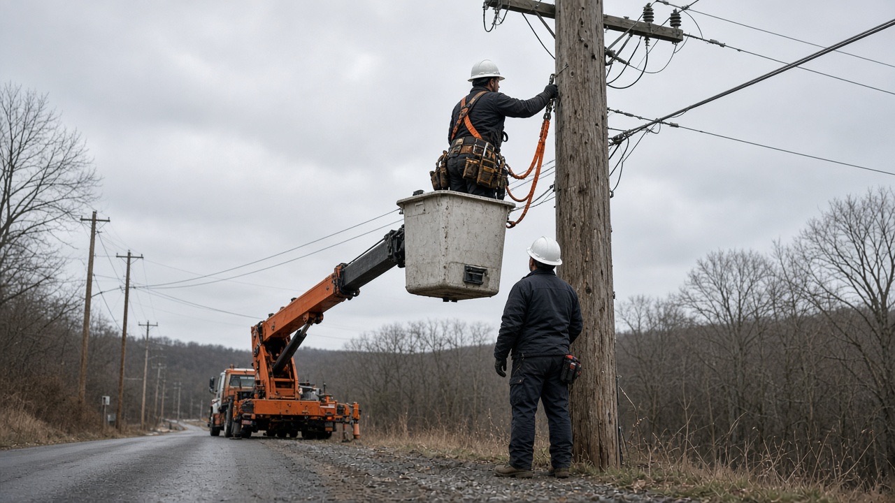 Linemen in a bucket truck working a rural power pole