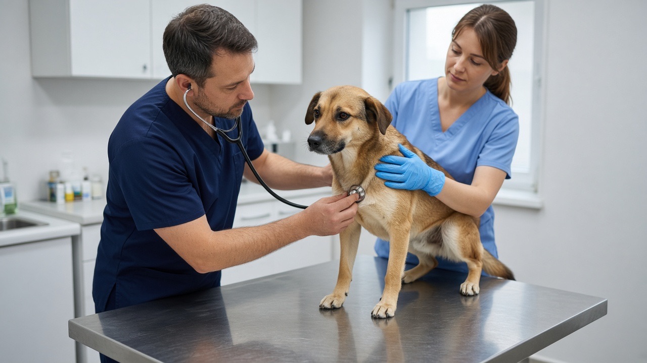 A veterinarian examining a dog on a clinic table