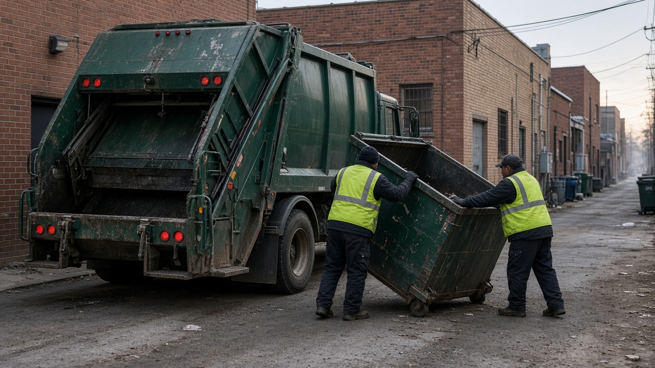 A garbage crew emptying a dumpster in a brick alley