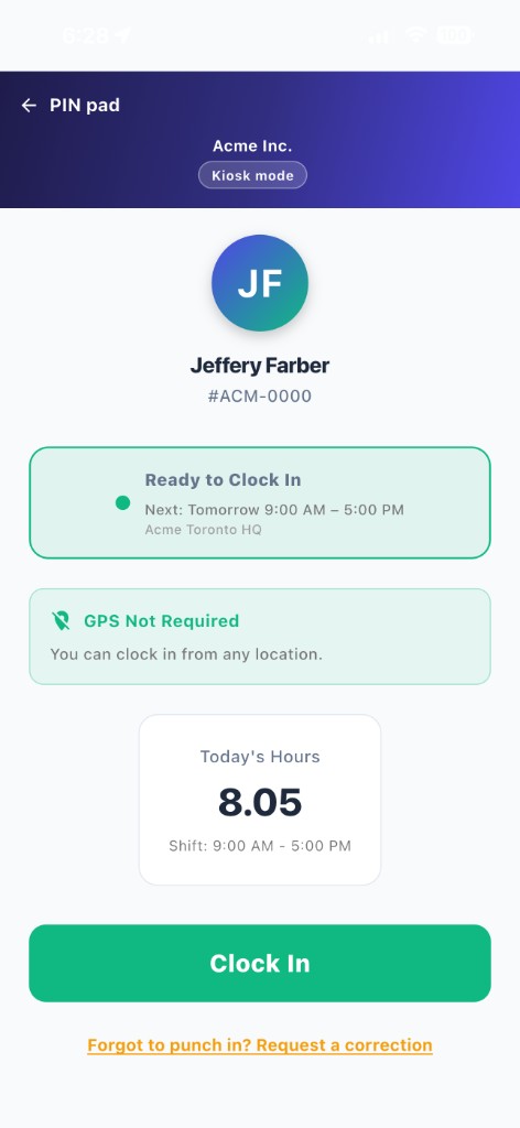 TimeOff Kiosk after PIN — employee ready to clock in with hours and schedule