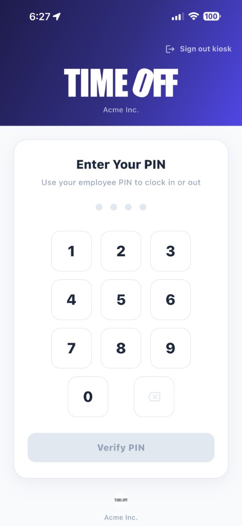 TimeOff Kiosk PIN pad — employees enter their PIN to clock in or out