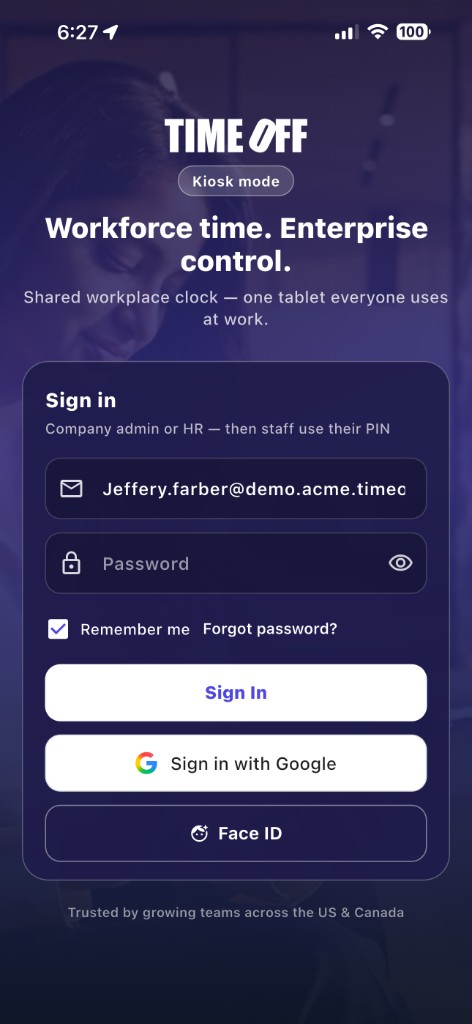TimeOff Kiosk mode sign-in — company admin or HR signs in once, then staff use their PIN