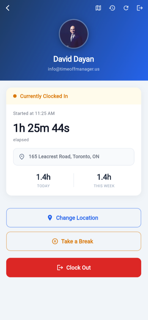 Time tracking software clocked-in screen with live shift timer and GPS-verified work address