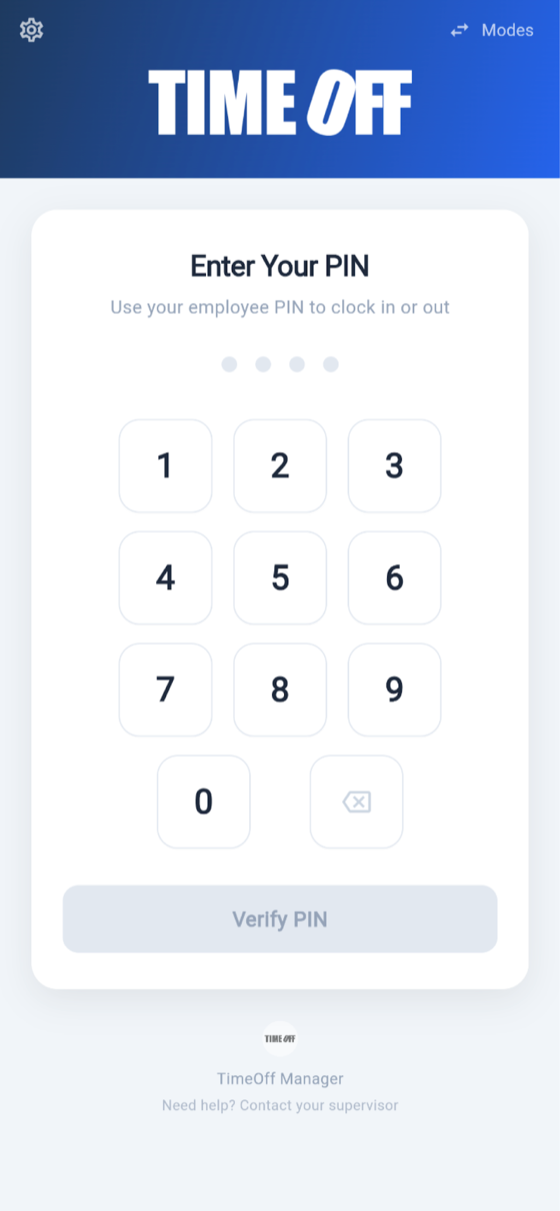 TimeOff Kiosk app PIN pad — employees enter their PIN to clock in or out on a shared device